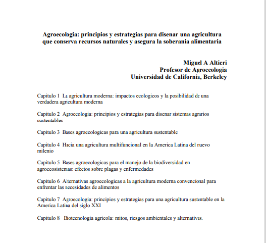 Gráfica alusiva a Agroecologia: principios y estrategias para disenar una agricultura que conserva recursos naturales y asegura la soberania alimentaria