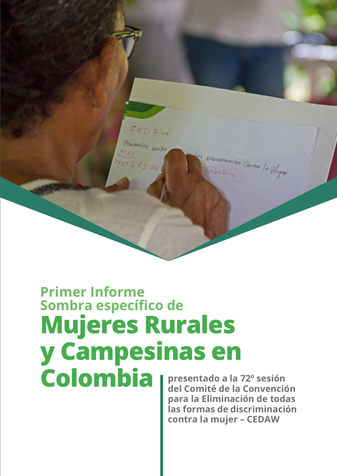 Grafica alusiva a Primer Informe Sombra específico de Mujeres Rurales y Campesinas en Colombia. Presentado a la 72o sesión del Comité de la Convención para la eliminación de todas las formas de discriminación contra la mujer – CEDAW.  