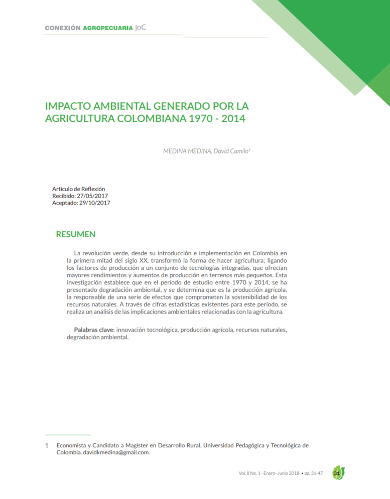 Gráfica alusiva a IMPACTO AMBIENTAL GENERADO POR LA AGRICULTURA COLOMBIANA 1970 - 2014