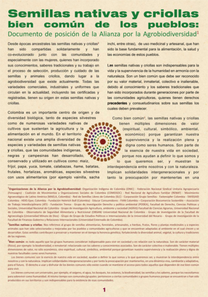 Grafica alusiva a SEMILLAS NATIVAS Y CRIOLLAS COMO BIEN COMÚN DE LOS PUEBLOS Documento de posición de la Alianza por la Agrobiodiversidad