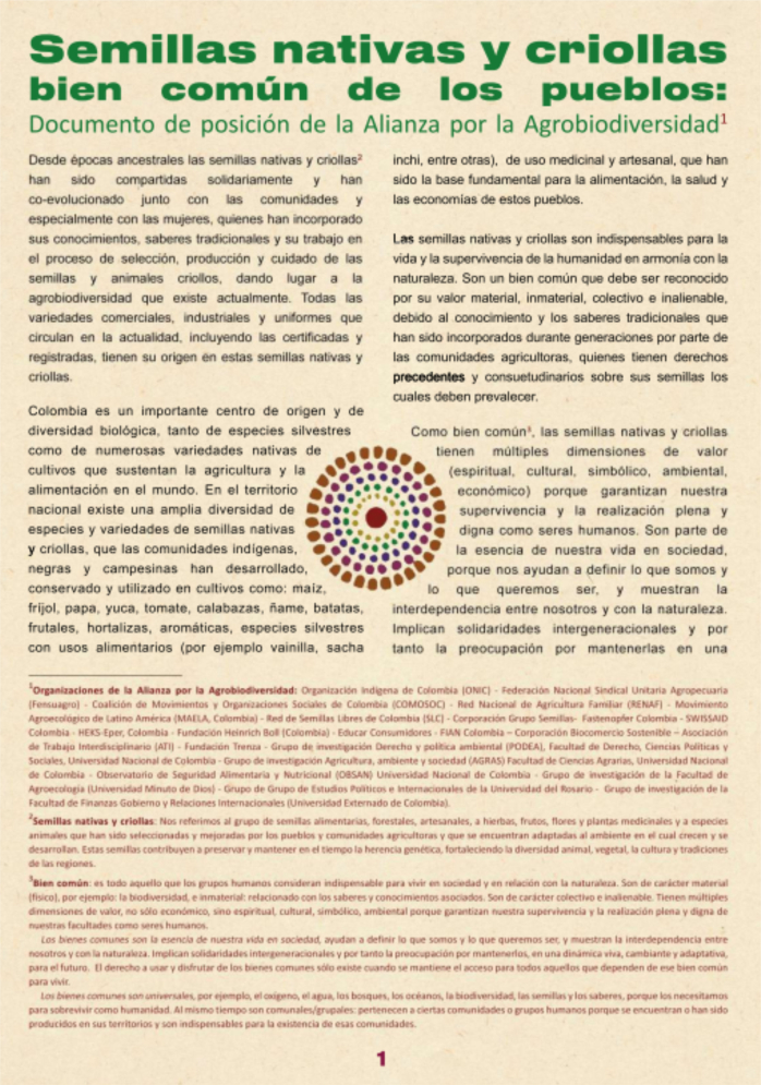 Gráfica alusiva a Semillas nativas y criollas como bien común de los pueblos. Documento de posición de la Alianza por la Agrobiodiversidad