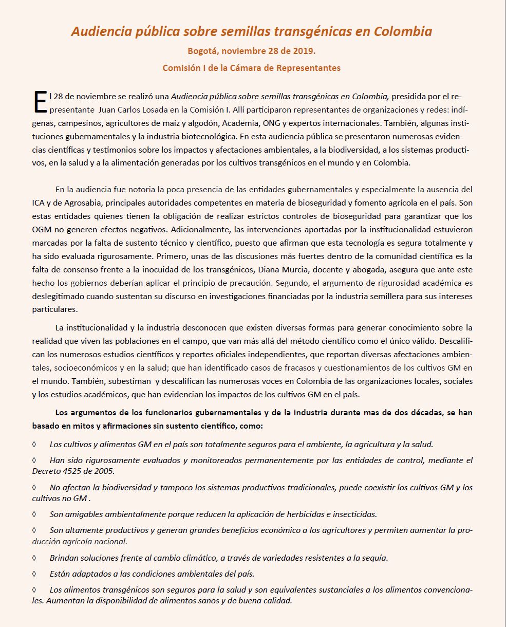 Grafica alusiva a Audiencia pública sobre la prohibición de semillas transgénicas en Colombia. Noviembre 28 de 2019. 