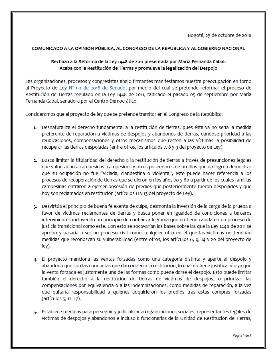 Grafica alusiva a El proyecto de ley 003 de 2018 “Nueva Ley de Tierras”: Un nuevo golpe contra el campesinado, los pueblos indígenas y afrocolombianos