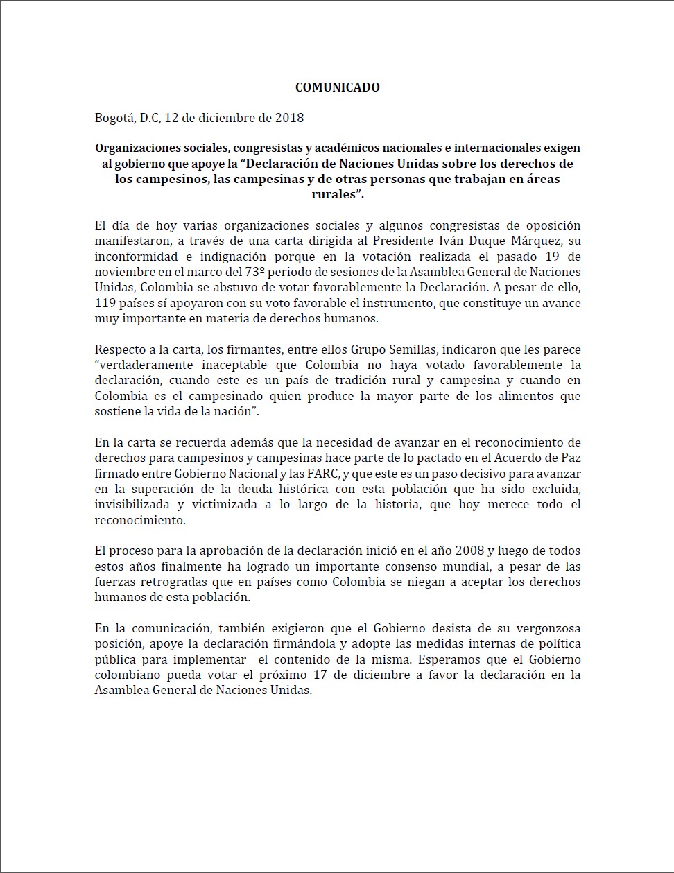 Grafica alusiva a Organizaciones sociales, congresistas y académicos nacionales e internacionales exigen al gobierno que apoye la “Declaración de Naciones Unidas sobre los derechos de los campesinos, las campesinas y de otras personas que trabajan en áreas rurales”.