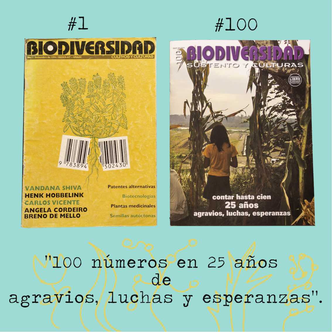 Gráfica alusiva a Revista "Biodiversidad, sutento y culturas. Contar hasta cien, 25 años de agravios, luchas y esperanzas". 